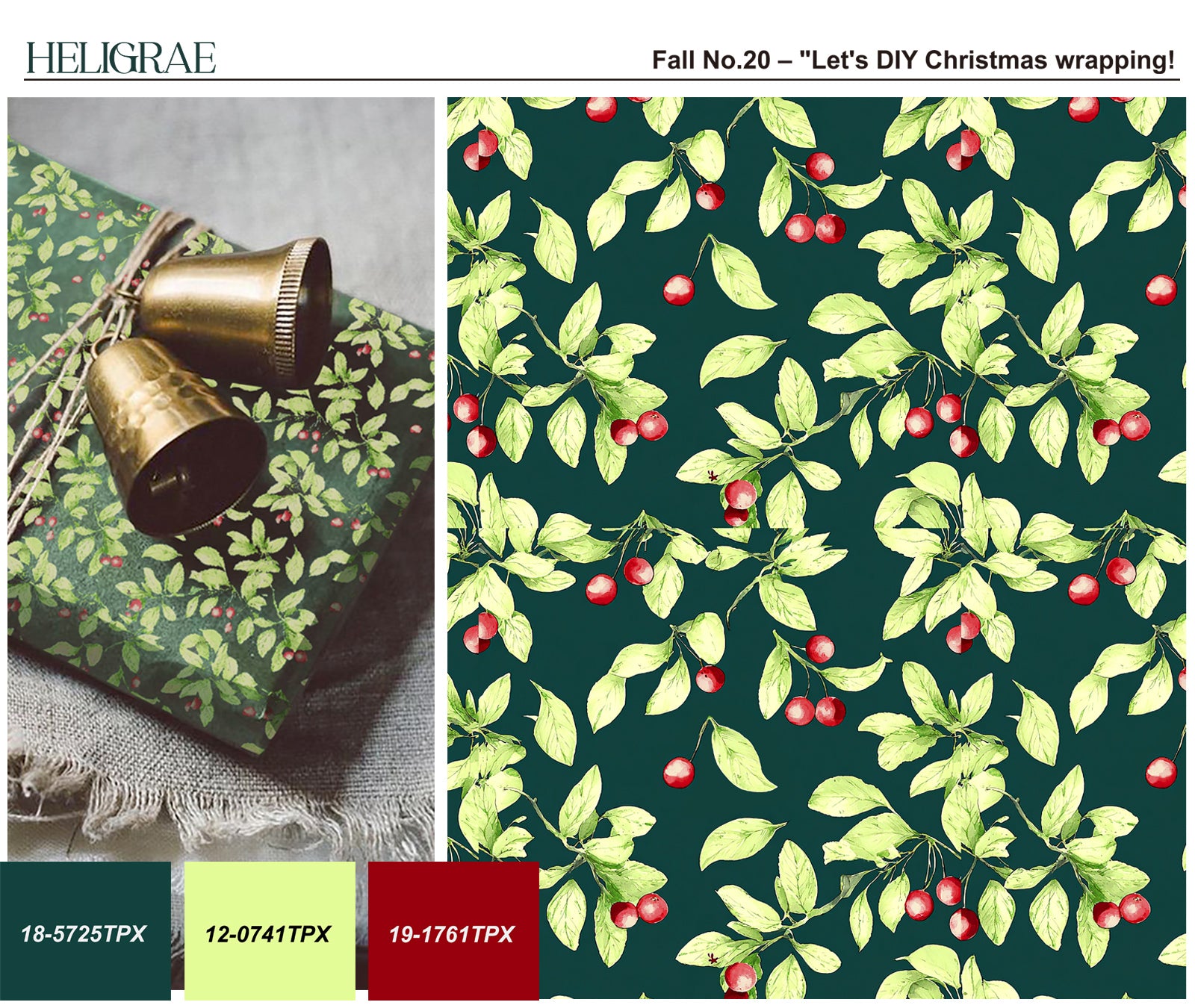 : "Winter berry botanical pattern with red berries and green leaves for Christmas gift wrap and holiday home decor"