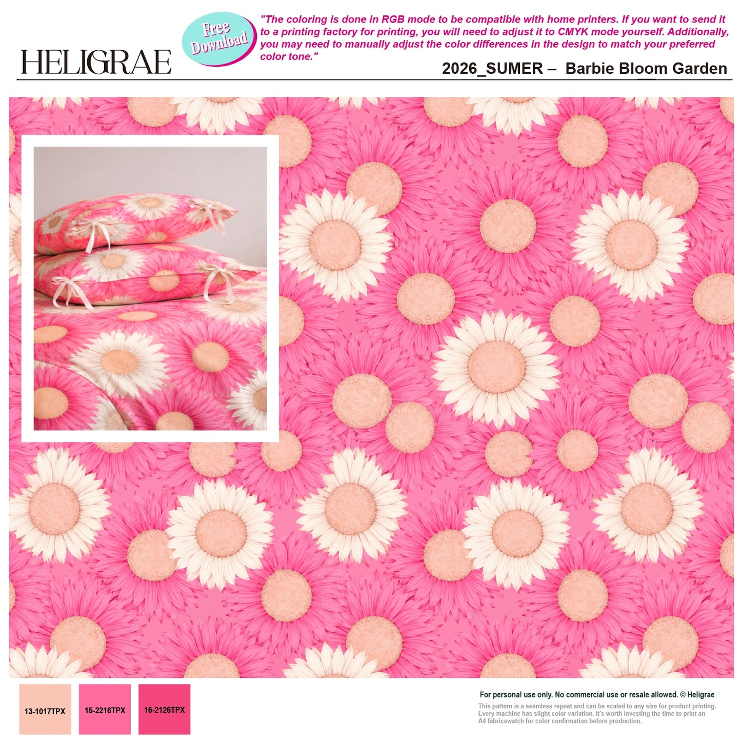 Heligrae 2026 Summer free pattern download – Barbie Bloom Garden, seamless oversized gerbera daisy repeat in hot pink and cream