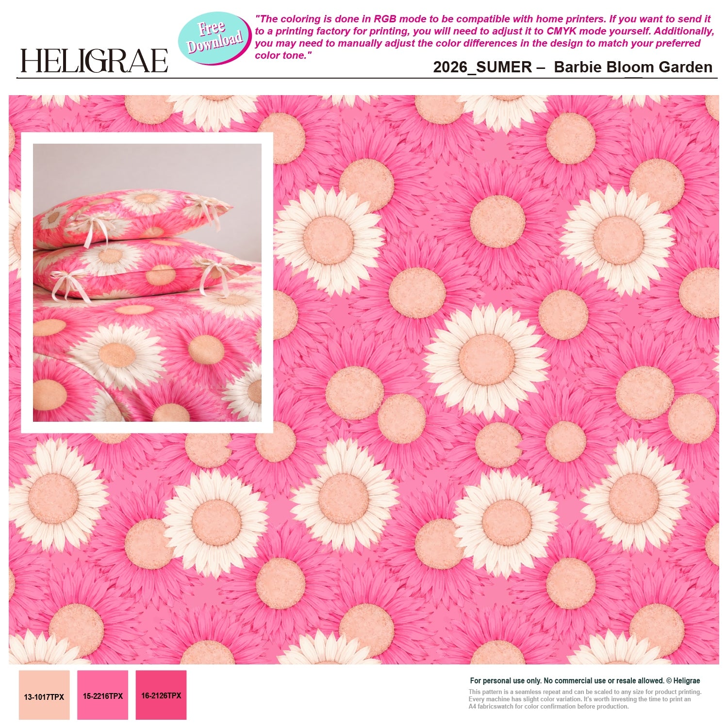 Heligrae 2026 Summer free pattern download – Barbie Bloom Garden, seamless oversized gerbera daisy repeat in hot pink and cream