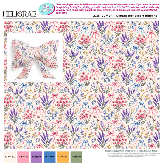 Heligrae 2026 Summer free pattern download – Cottagecore Bloom Ribbons, seamless floral repeat with lavender, wildflowers, and ribbon bows in pink, purple, and blue on cream background