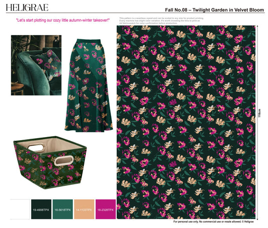  "Lush floral botanical pattern with vivid blooms on deep green background for luxury textile and fashion design"