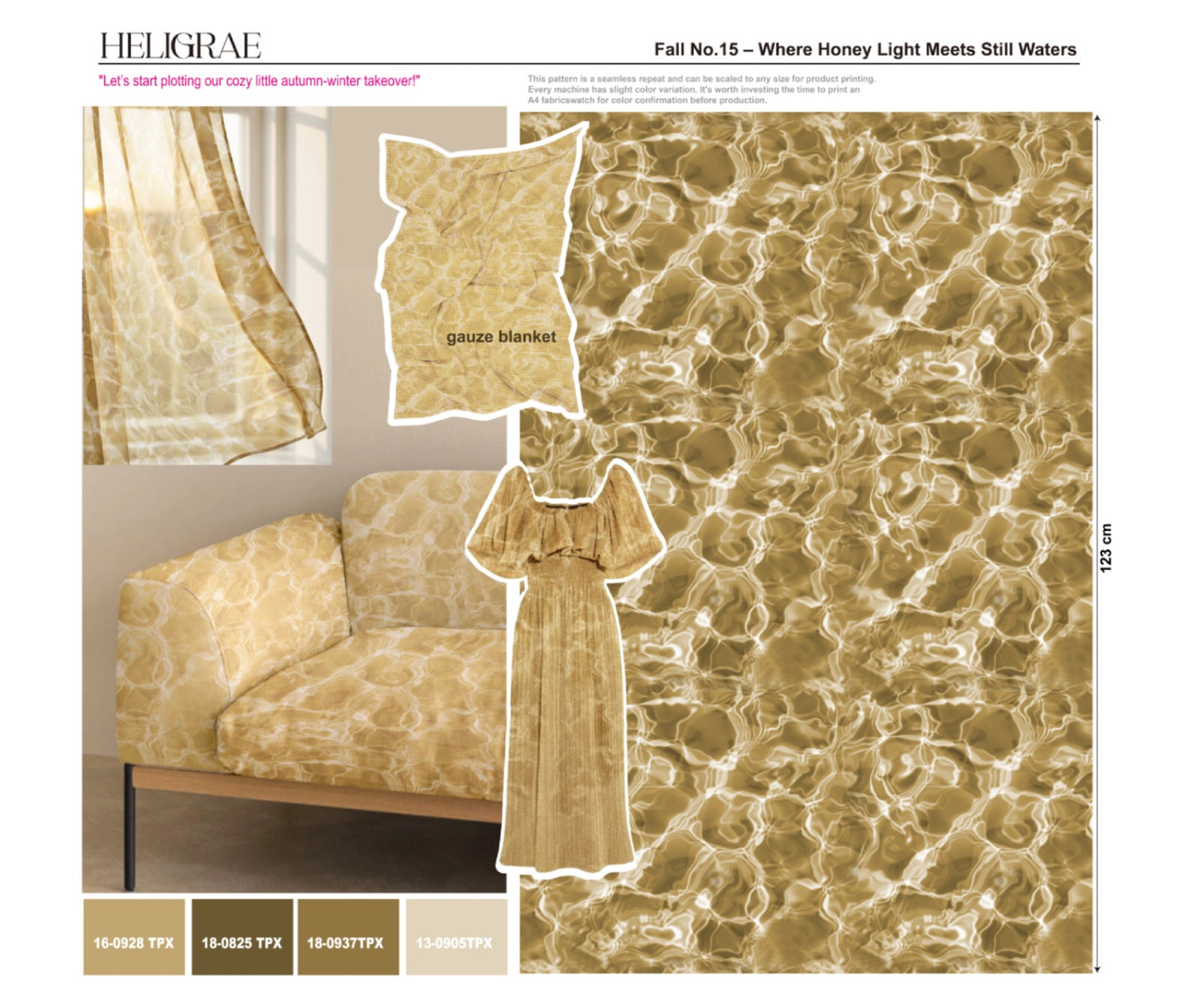  "Abstract watercolor pattern with honey gold tones inspired by sunlight on still water for textile design"