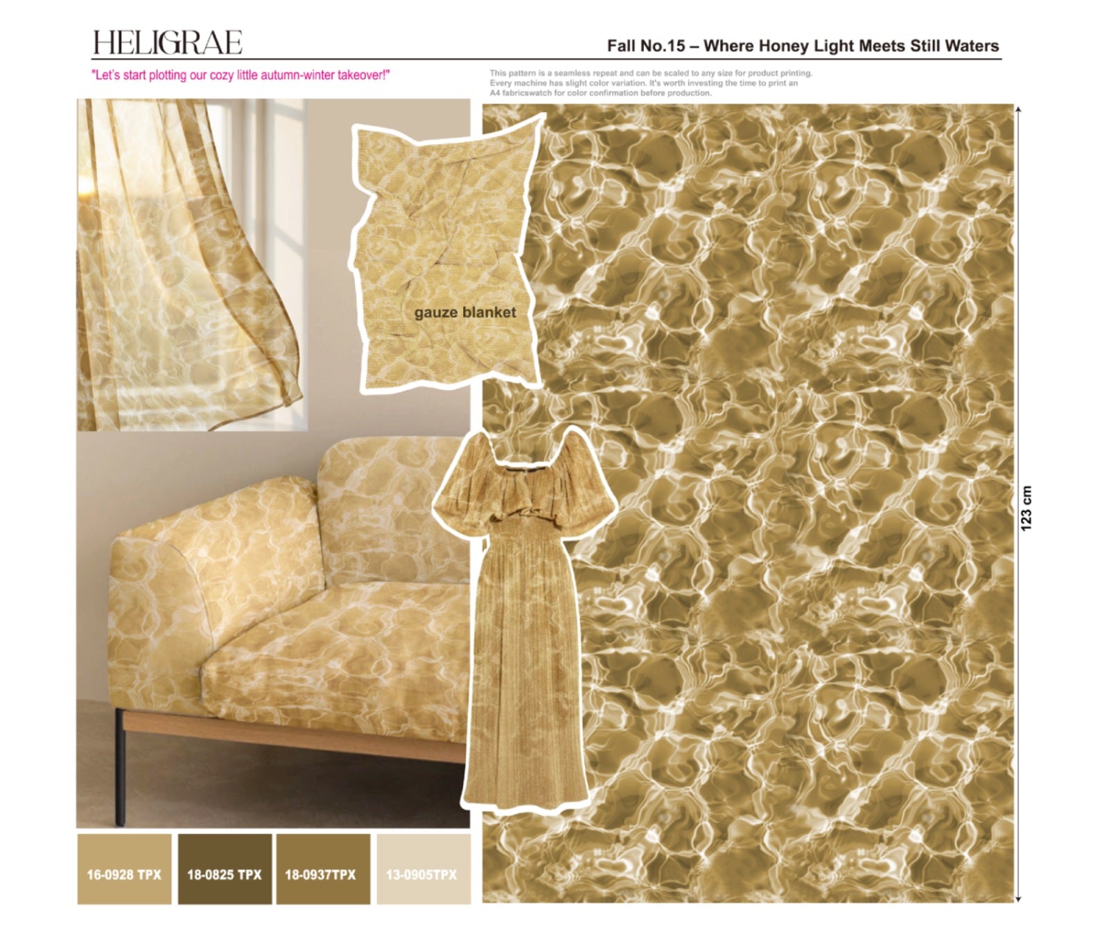 "Abstract watercolor pattern with honey gold tones inspired by sunlight on still water for textile design"