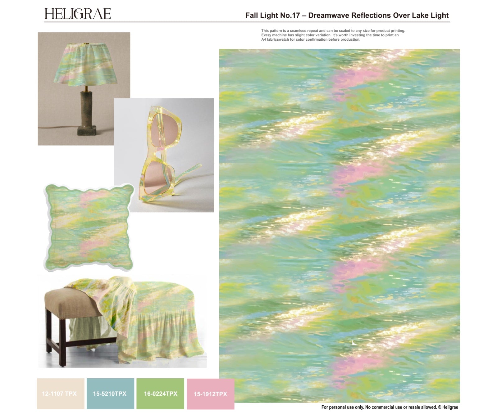 : "Dreamwave Reflections abstract pattern with pastel mint green pink and yellow watercolor design inspired by lake light reflections"