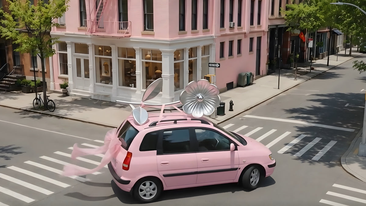 Load video: Heligrae brand video - pink car decorated with jewelry driving through city streets