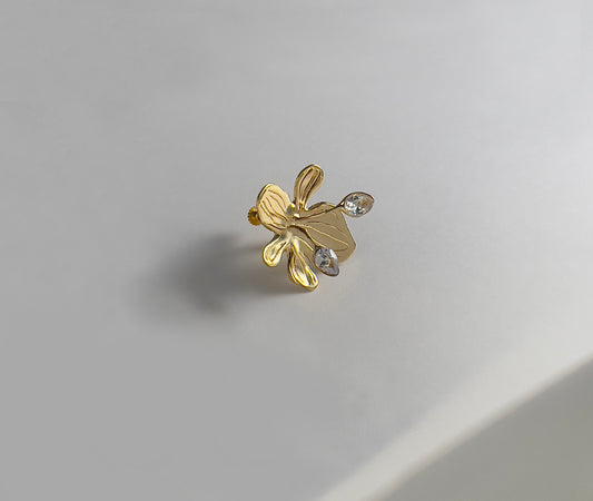 Orchid Bloom earrings in 18K gold plated brass - bold orchid design with teardrop zircon stones | HELIGRAE 2026 Collection No. 03