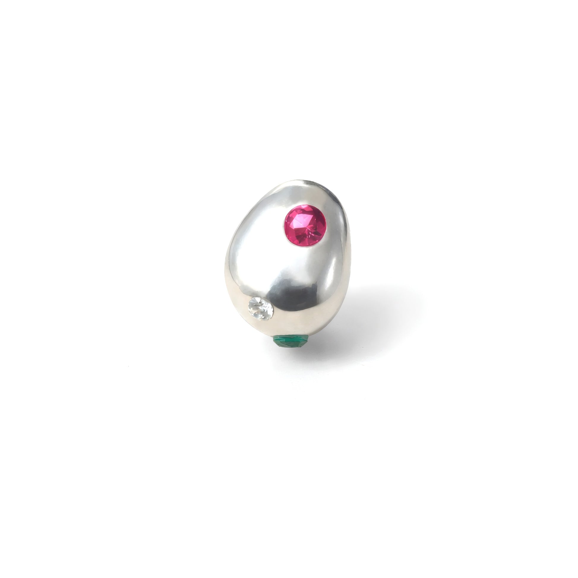 Minimal Pebble Stud Earring with pink zirconia and green stone front view