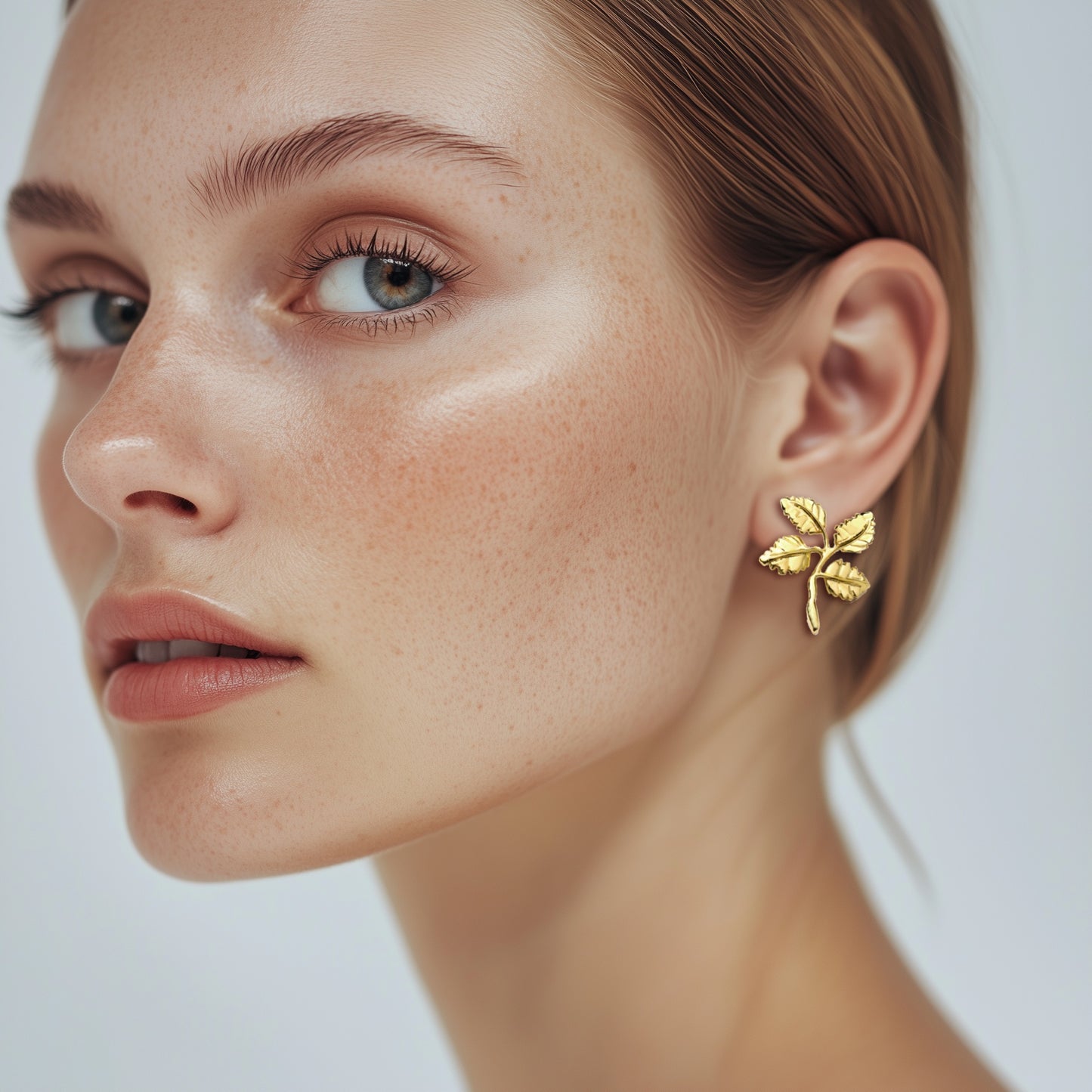 Minimal Four Leaf Cluster Earrings 18K gold plated brass on ear side profile close up showing leaf cluster design
