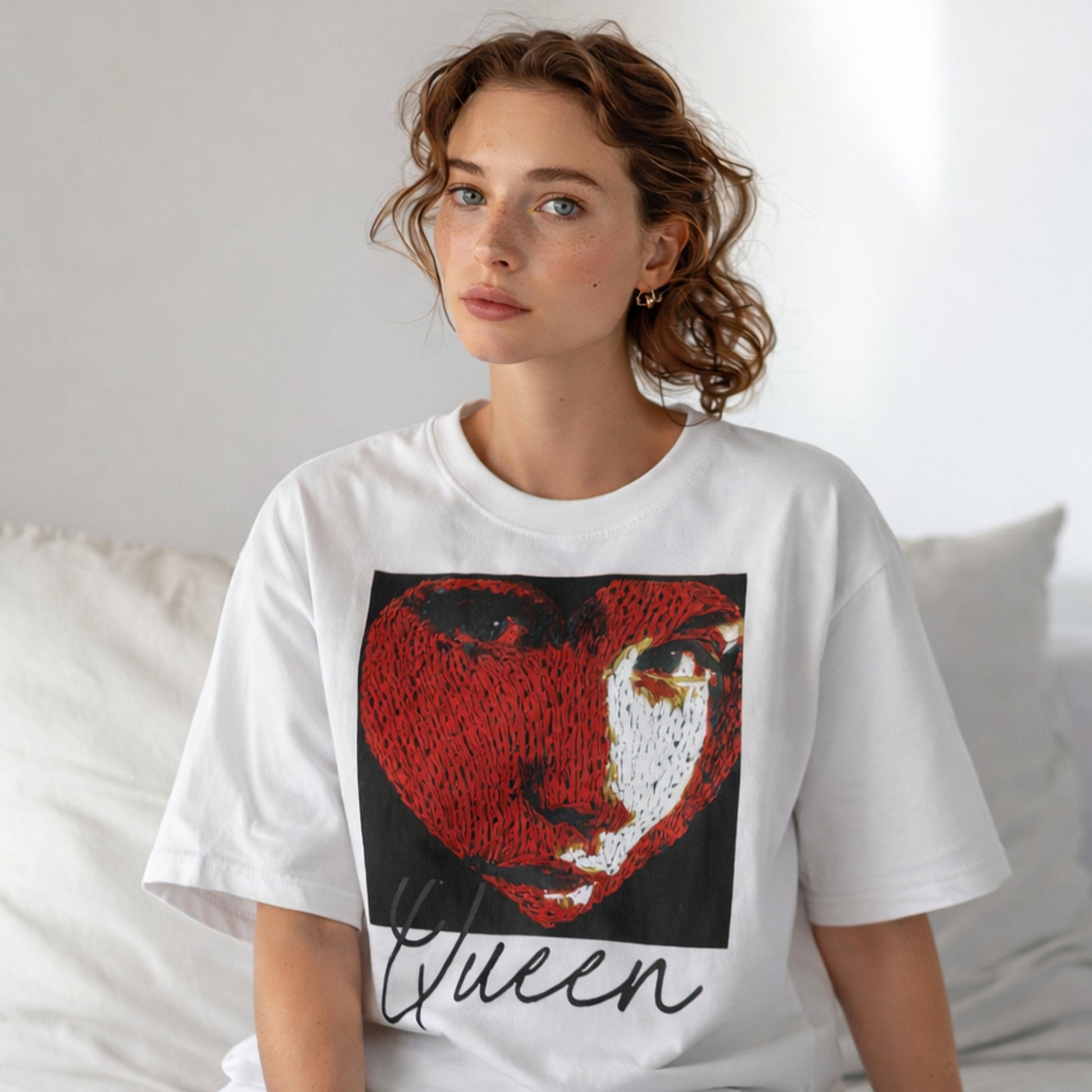 model wearing white knit heart portrait queen graphic t-shirt