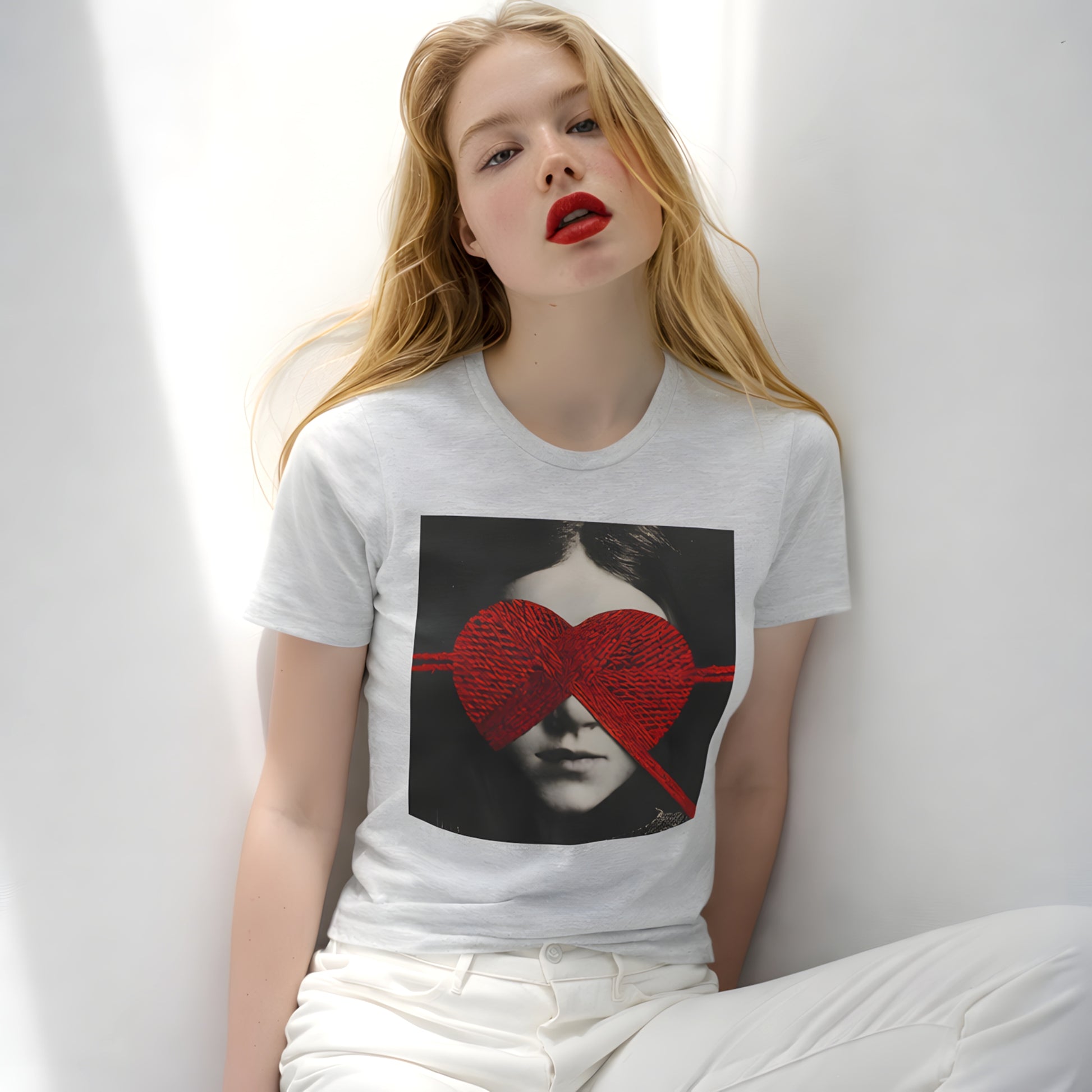 Heligrae model wearing grey heart blindfold graphic t-shirt portrait