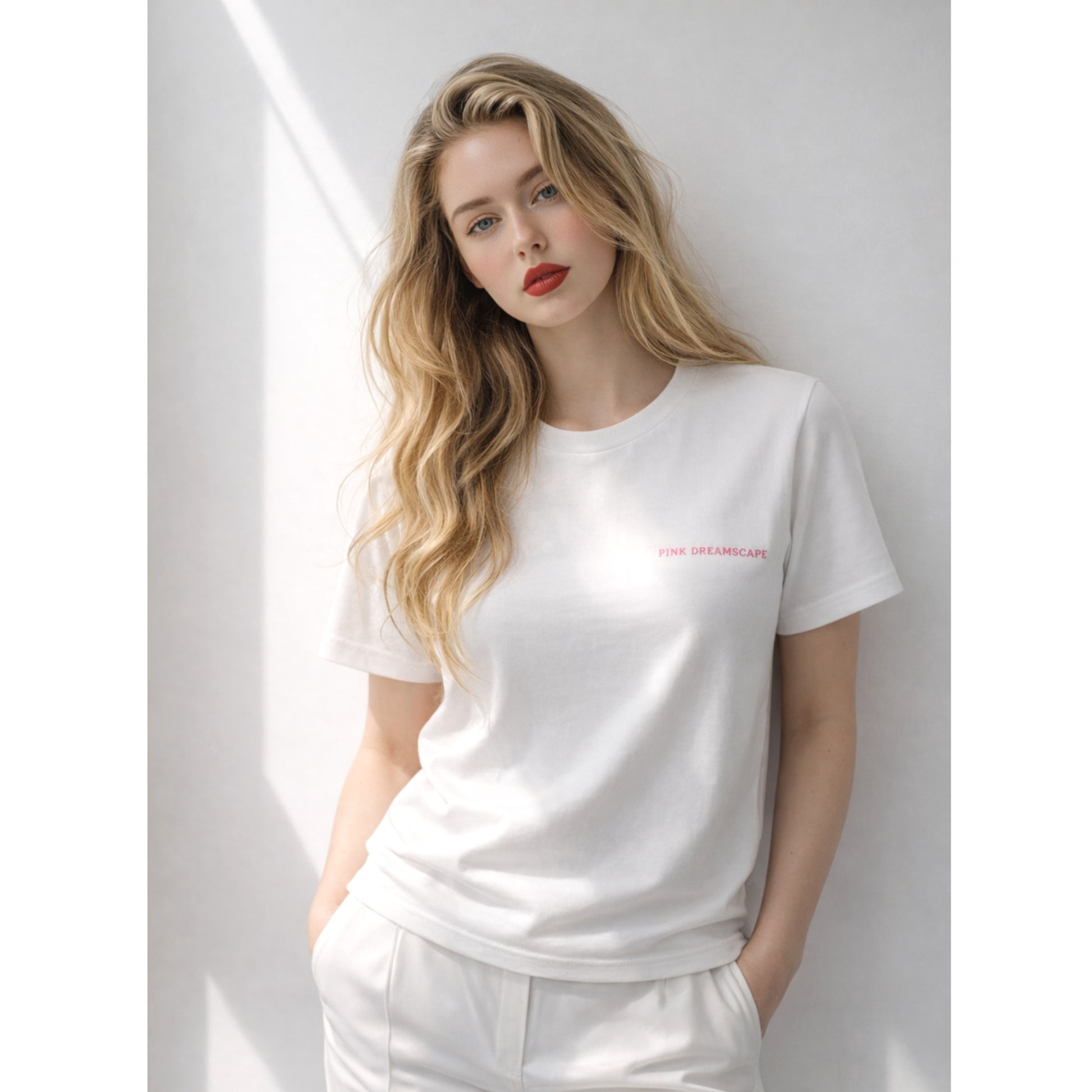 model wearing white minimal t-shirt pink text front clean look
