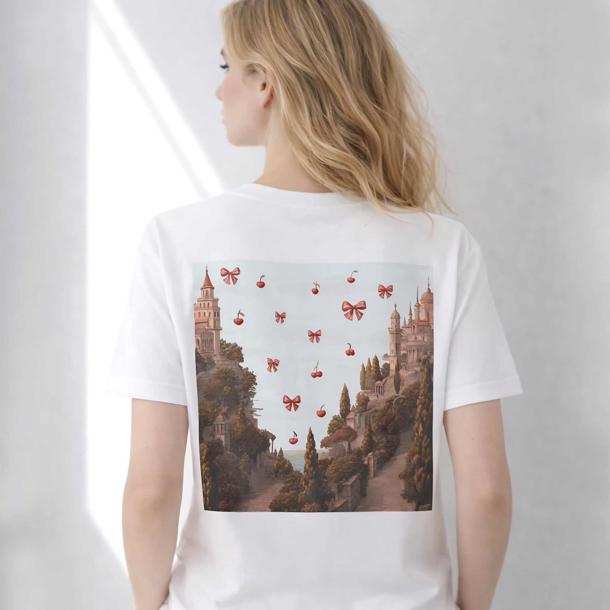 model wearing white cherry castle back print graphic t-shirt