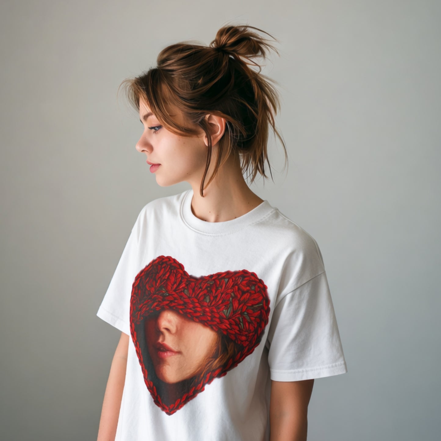 model wearing white chunky knit heart portrait graphic t-shirt