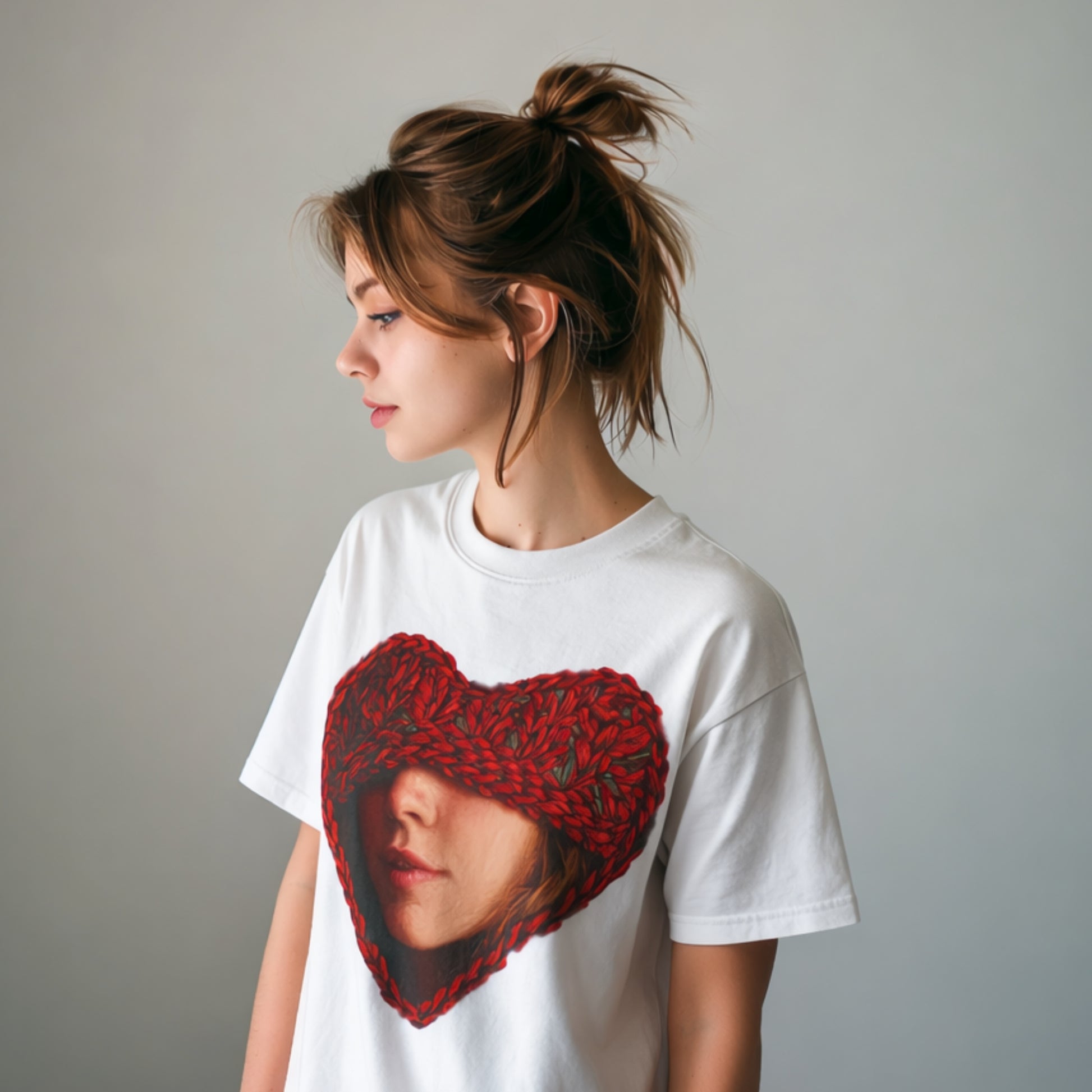model wearing white chunky knit heart portrait graphic t-shirt