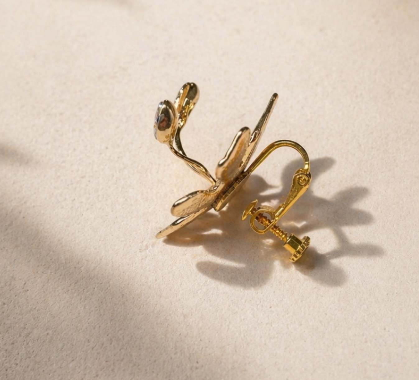 18K gold handcrafted orchid earring back view, screw-back clip